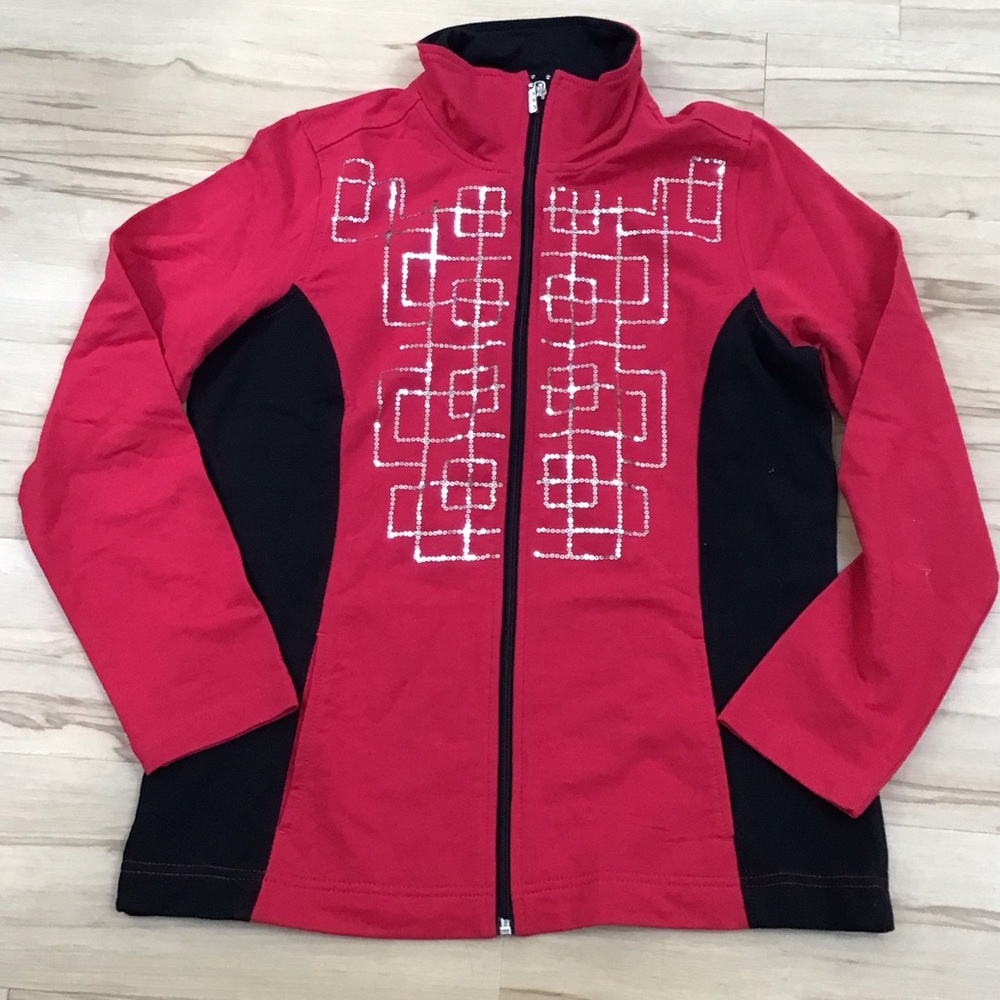 Threehearts‎ Red Black Silver Sequin Bling Geometric Design Zip Up Jacket Small